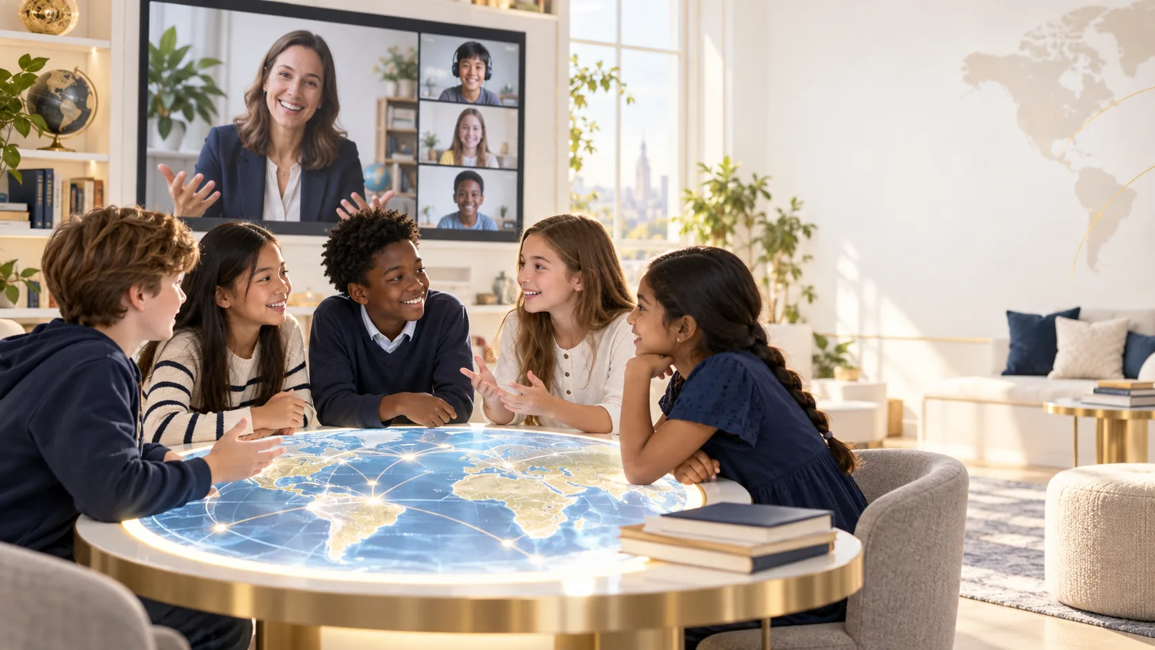 Students in a live international conversation setting with a teacher on screen