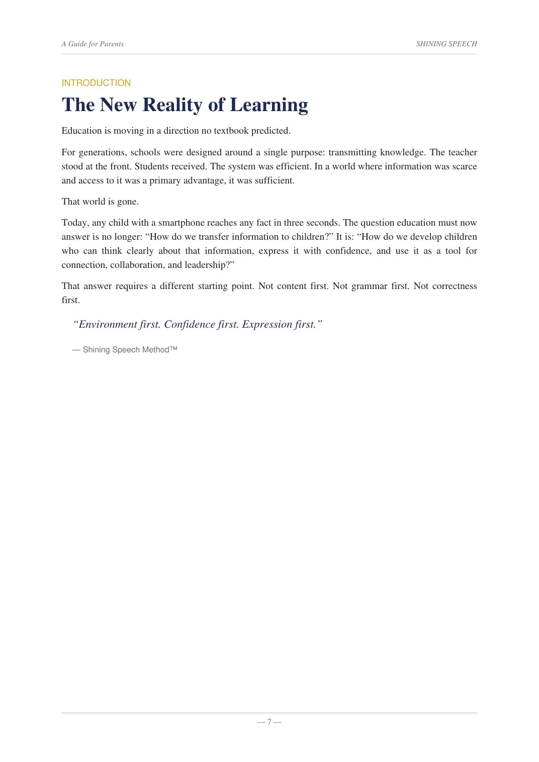 Page from the Shining Speech Parent Guide discussing the new reality of learning