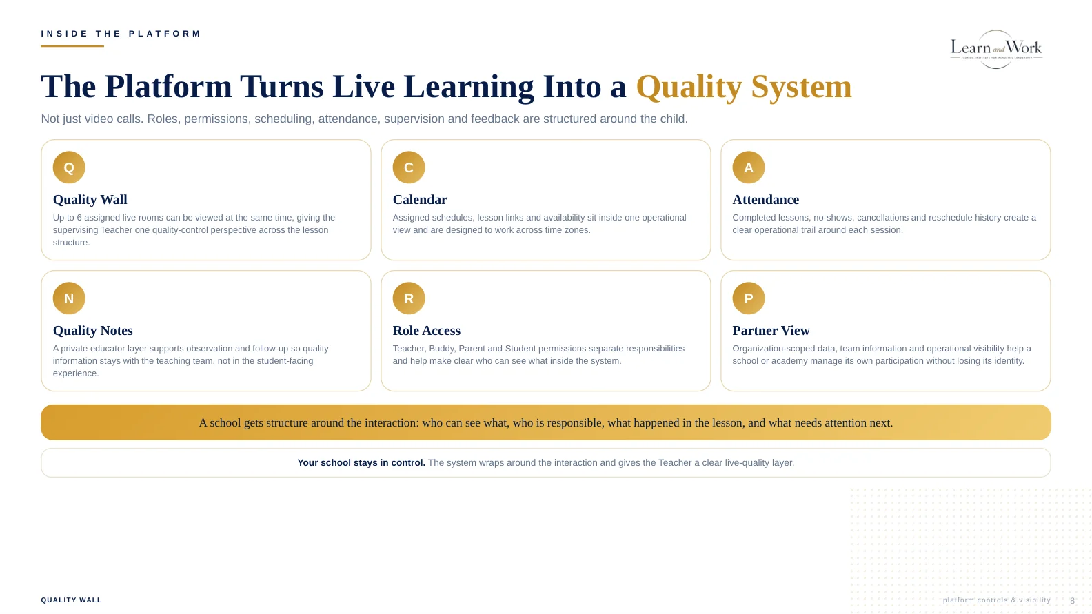 Platform quality system for schools and partners