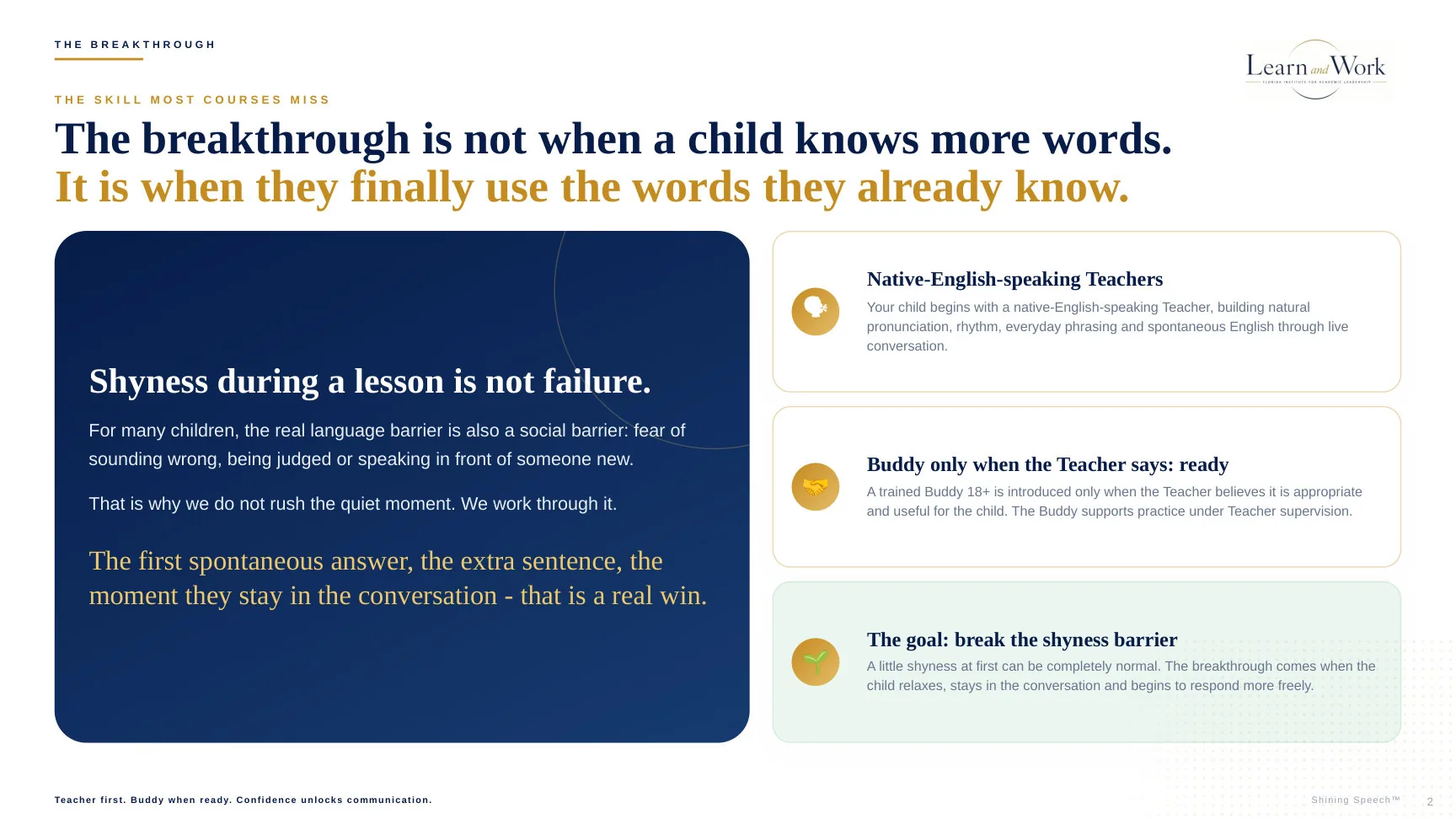 Parent guide page about the speaking breakthrough and Teacher-first approach