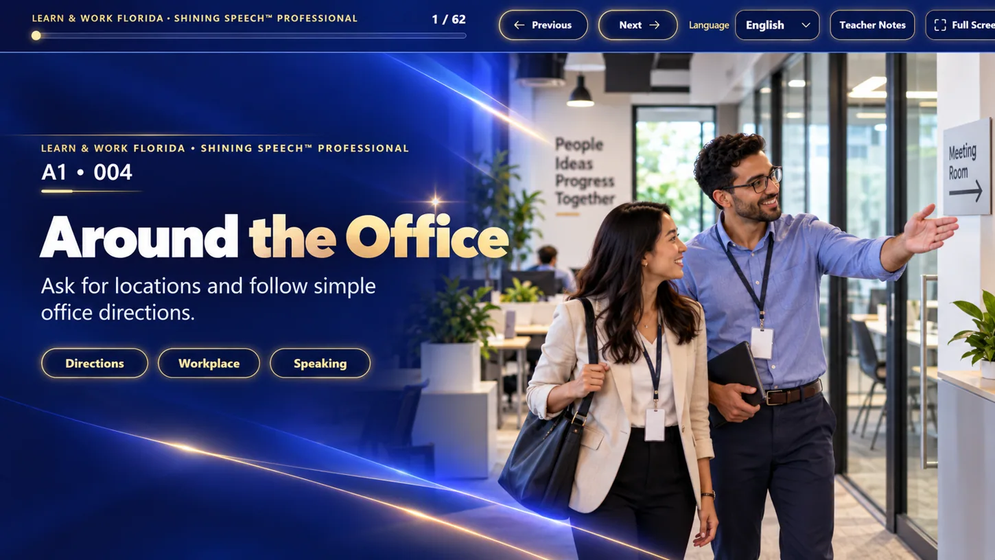 Lesson slide: Around the Office, getting where you need to go at A1