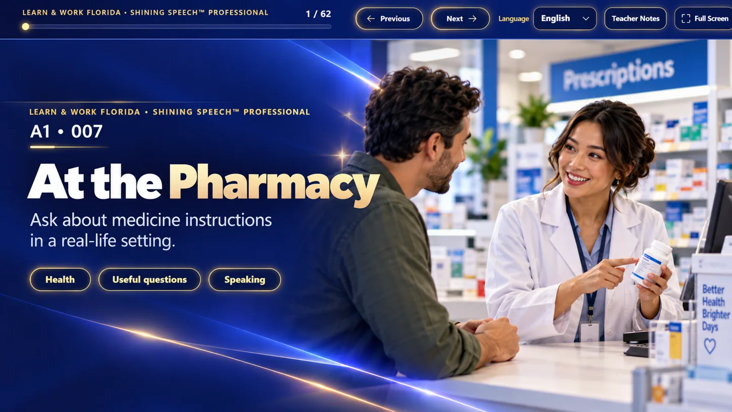 Lesson slide: At the Pharmacy, asking useful questions at A1